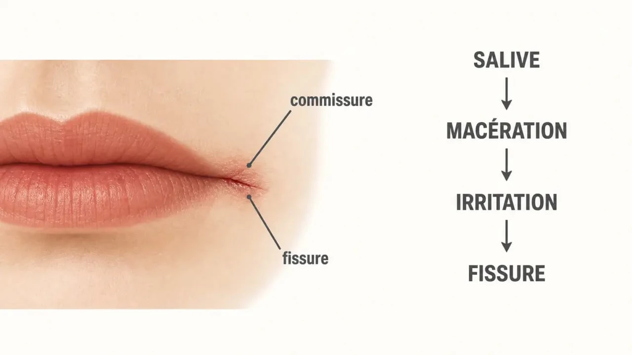 Schéma de la commissure des levres fendues montrant la salive, la macération et la fissure au coin de la bouche