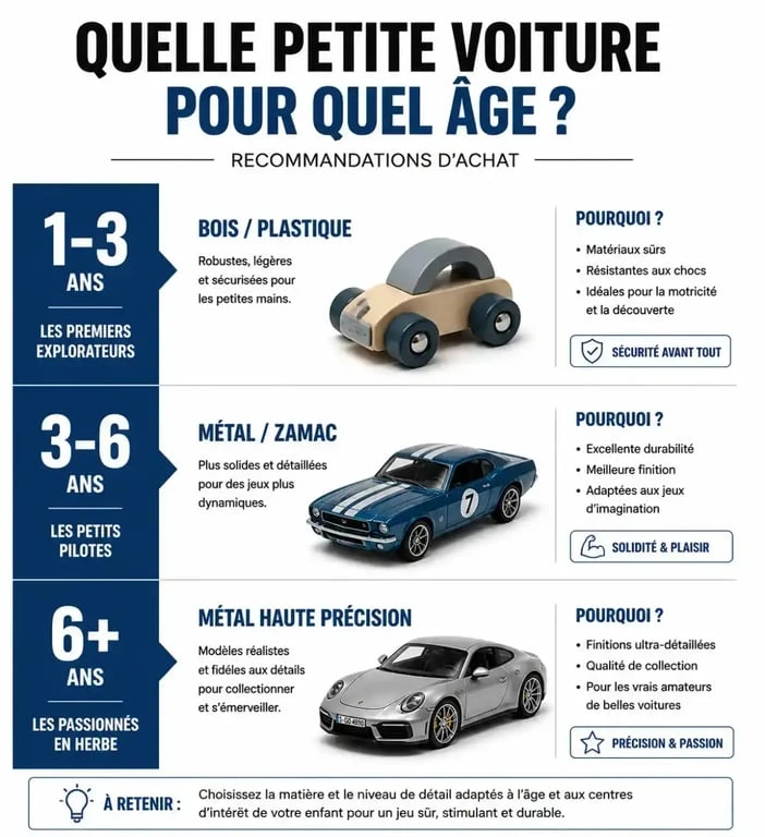 Guide des petites voitures jouets par âge et matériau pour choisir le meilleur cadeau.