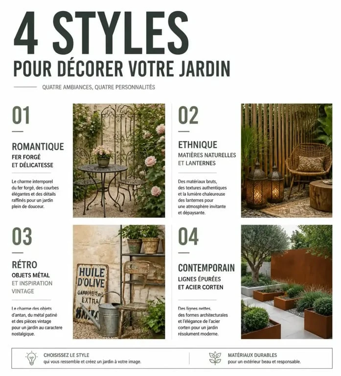 Infographie des styles de déco jardin extérieur : romantique, ethnique, rétro et contemporain