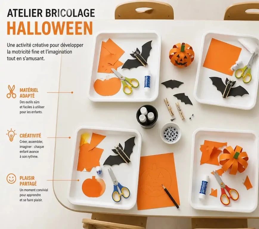 Activités manuelles d'Halloween pour enfants en maternelle : matériel et bricolages sur une table d'atelier.