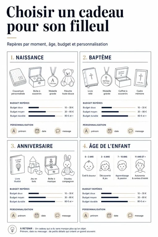 Comparatif visuel pour choisir un cadeau filleul selon l’âge, l’occasion et le niveau de personnalisation
