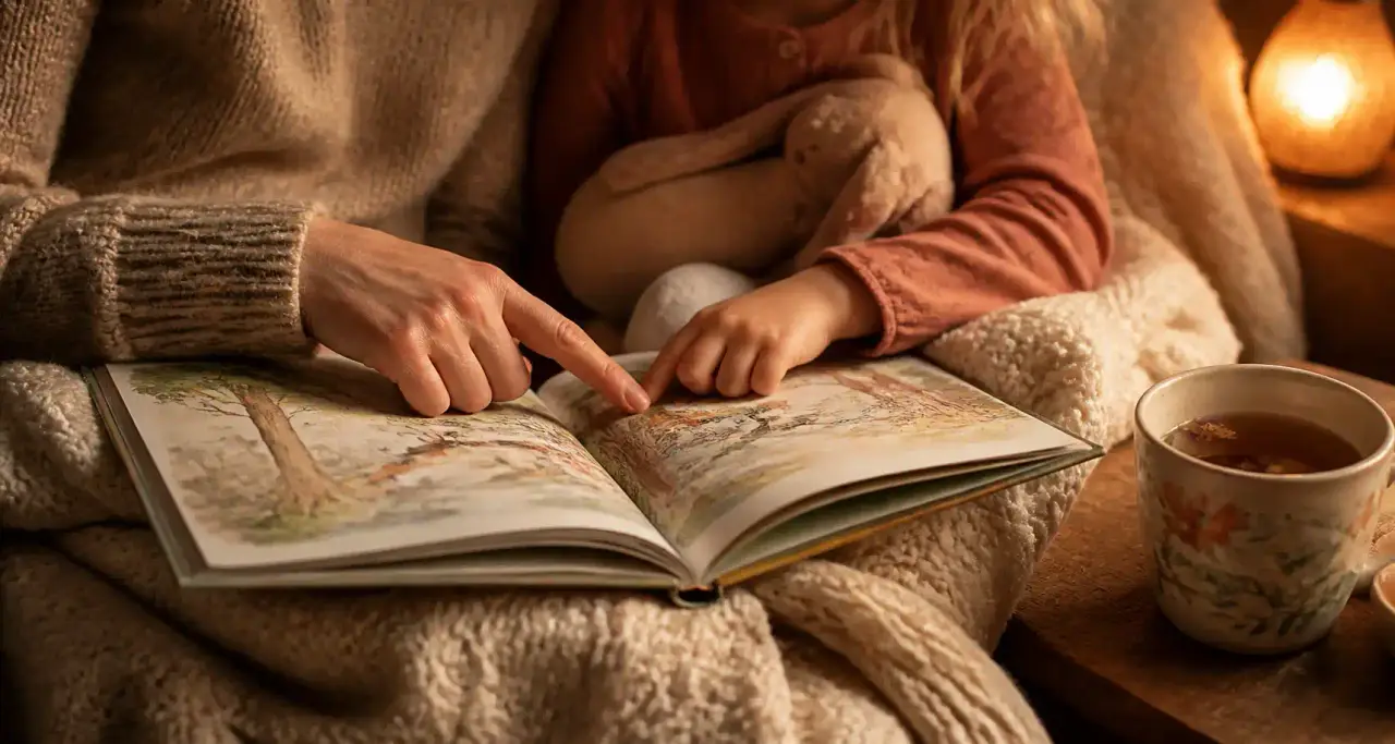 Mains d'un adulte et d'un enfant sur un livre illustré, plaid et tisane le soir