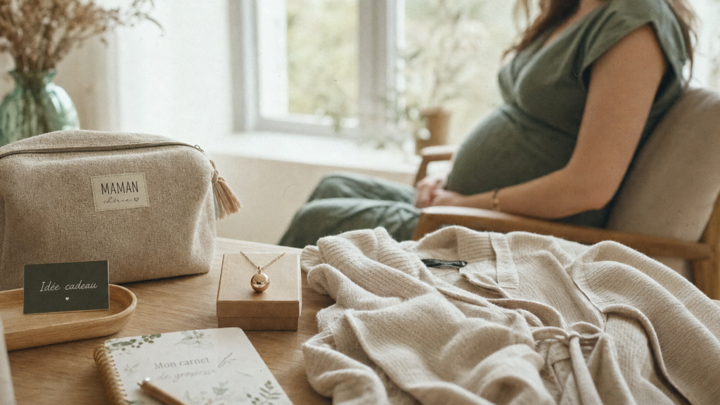 Idée cadeau femme enceinte : bien-être et souvenirs, bola et trousse maternité sur table