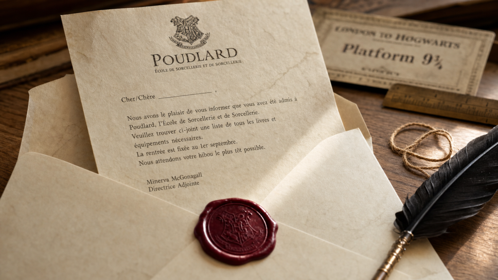 Lettre Poudlard personnalisé gratuit : parchemin, cachet et prénom sur enveloppe