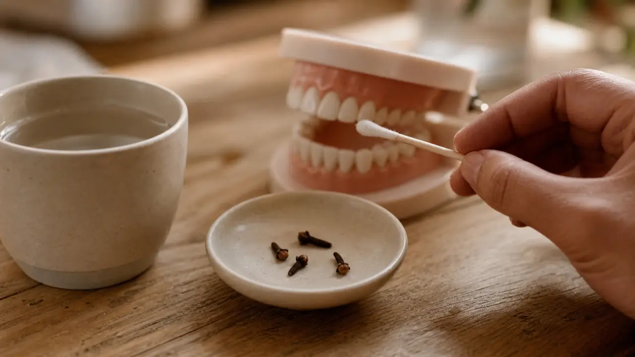 Maux de dents et clou de girofle : clous sur une tasse, main près d’une dent modèle
