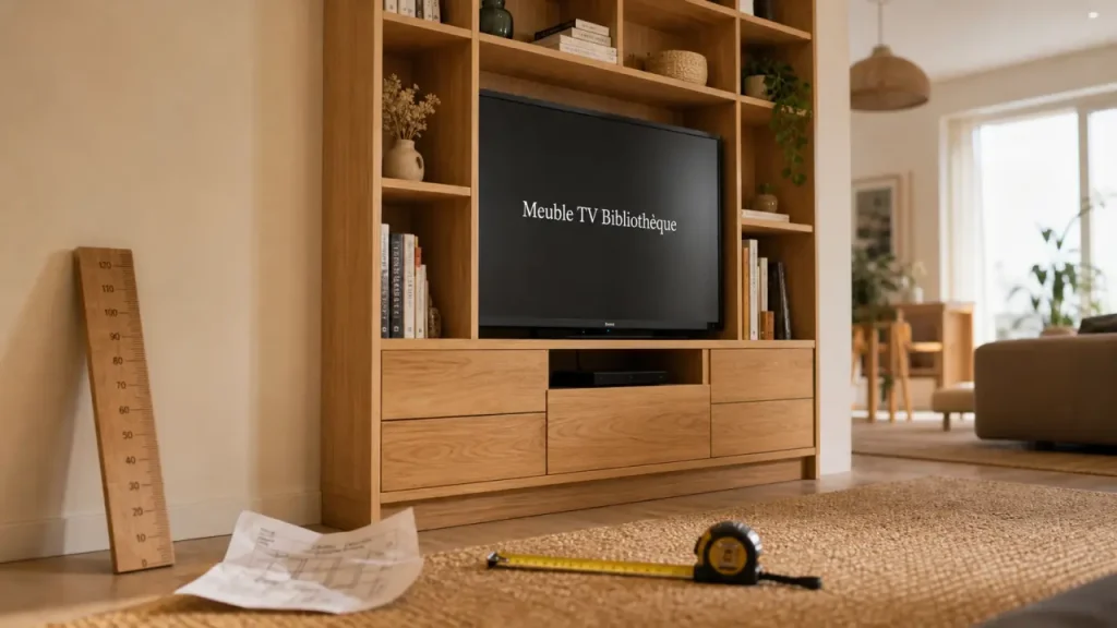 Meuble bibliothèque tv en chêne avec dimensions et rangements à vérifier