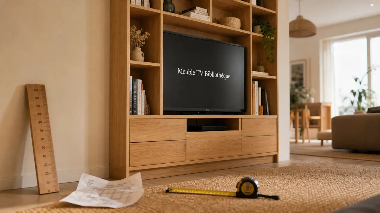 Meuble bibliothèque tv en chêne avec dimensions et rangements à vérifier