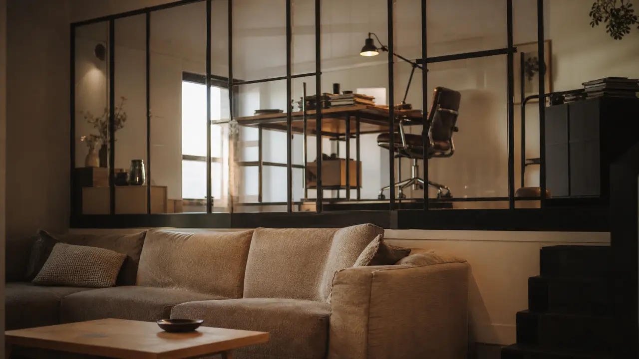 Salon avec verrière noire séparant un bureau en mezzanine, lumière naturelle