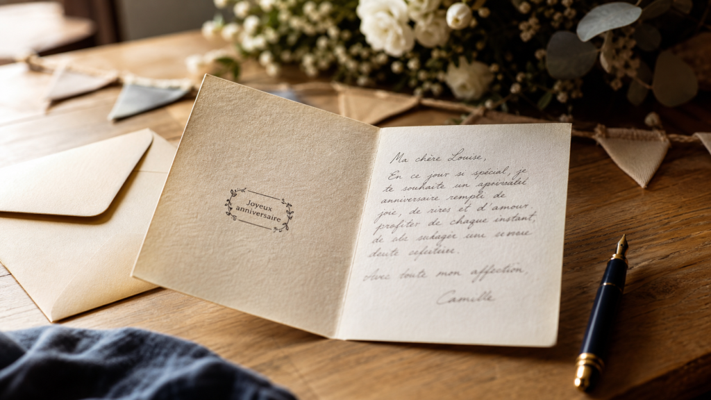 Mot pour anniversaire : carte d’anniversaire sur table en bois