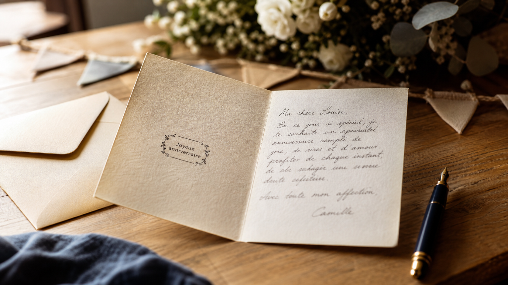 Mot pour anniversaire : carte d’anniversaire sur table en bois