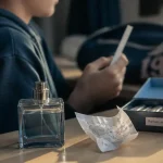 Parfum pour ado garcon frais et discret, flacon sur bureau