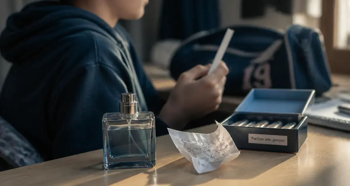 Parfum pour ado garcon frais et discret, flacon sur bureau