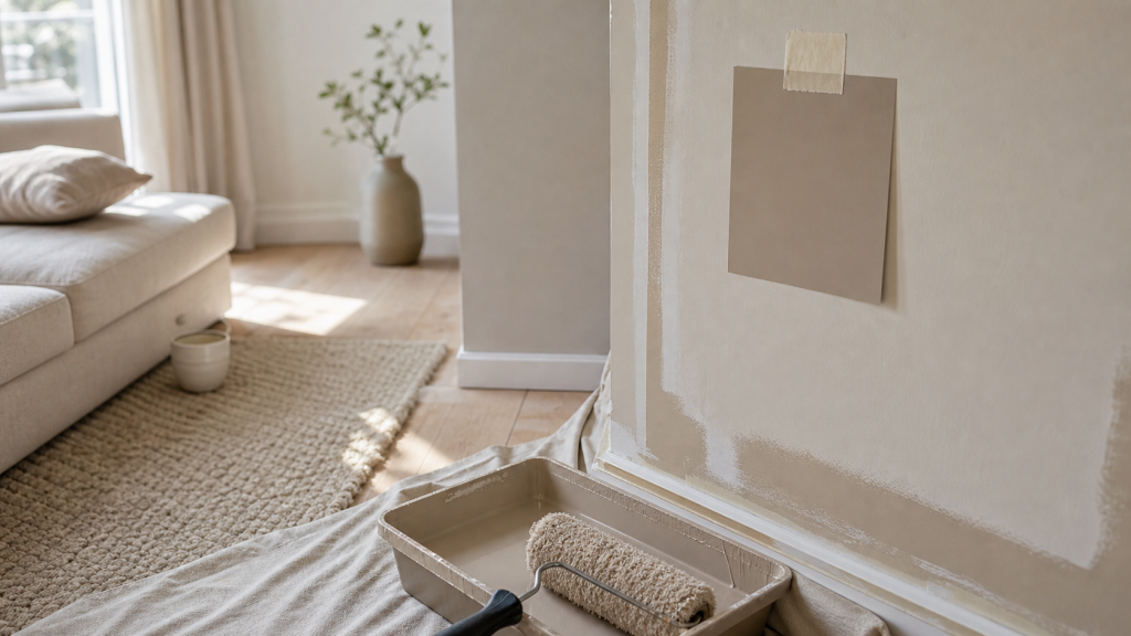 Peinture taupe sur mur : rouleau et échantillon beige taupe, pièce lumineuse