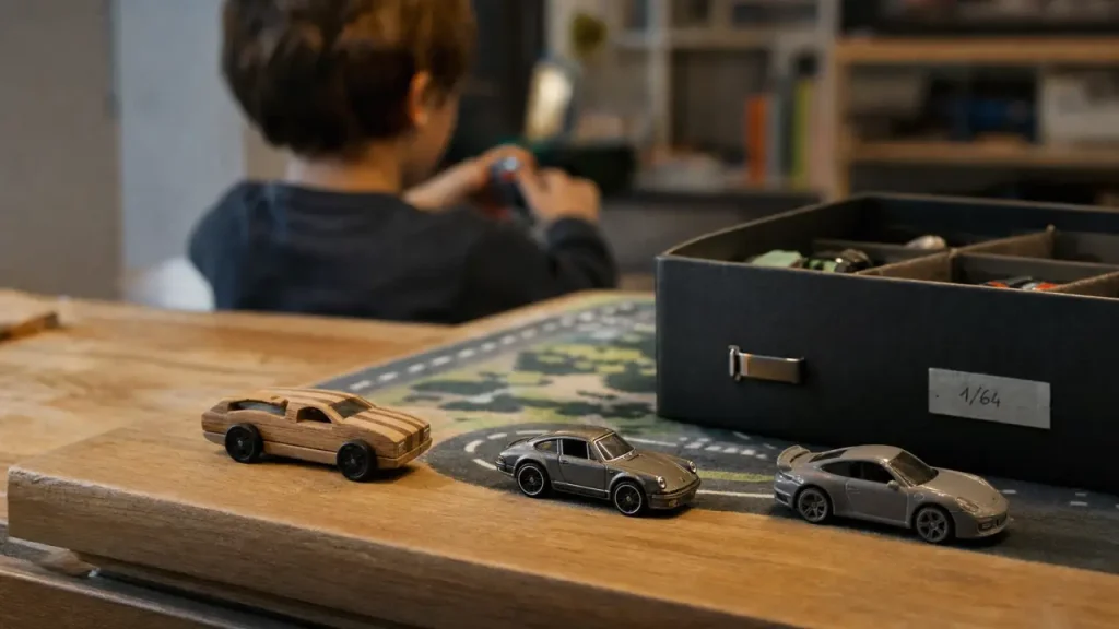 Petites voiture jouet sur tapis de routes, enfant jouant 1/64