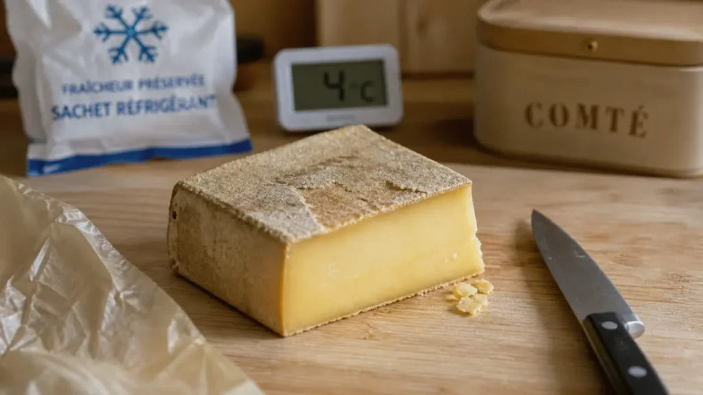 Peut on manger du comté enceinte : bloc de comté, croûte et intérieur, affinage 4 mois