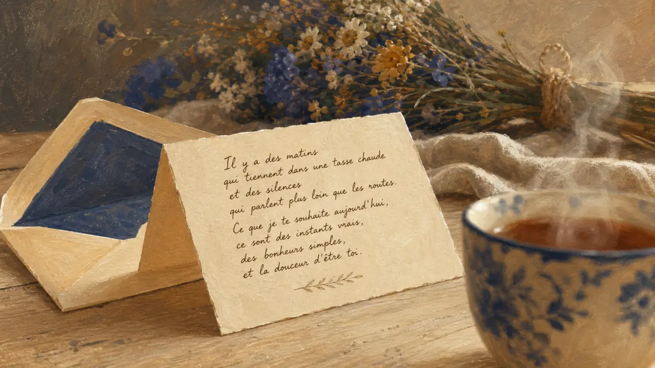 Poème pour maman : carte manuscrite et enveloppe sur table en bois