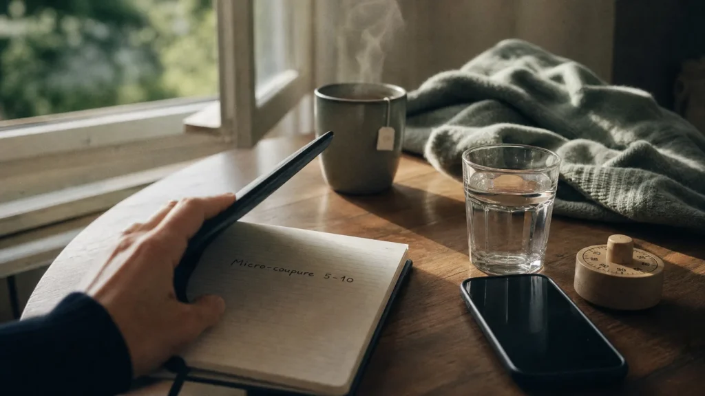 Prendre soin de soi simplement : micro-coupure 5-10 minutes, tisane et carnet