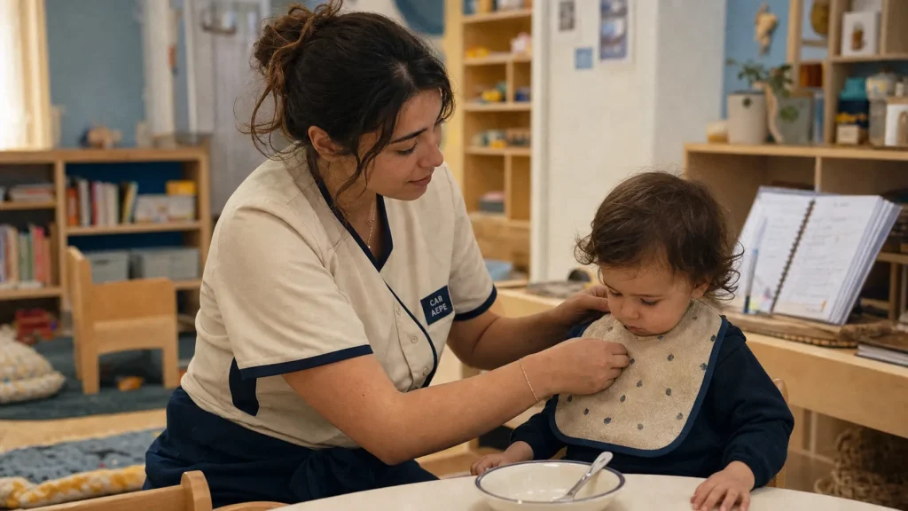 Que veut dire AEPE : éducatrice en crèche avec bavoir, diplôme petite enfance