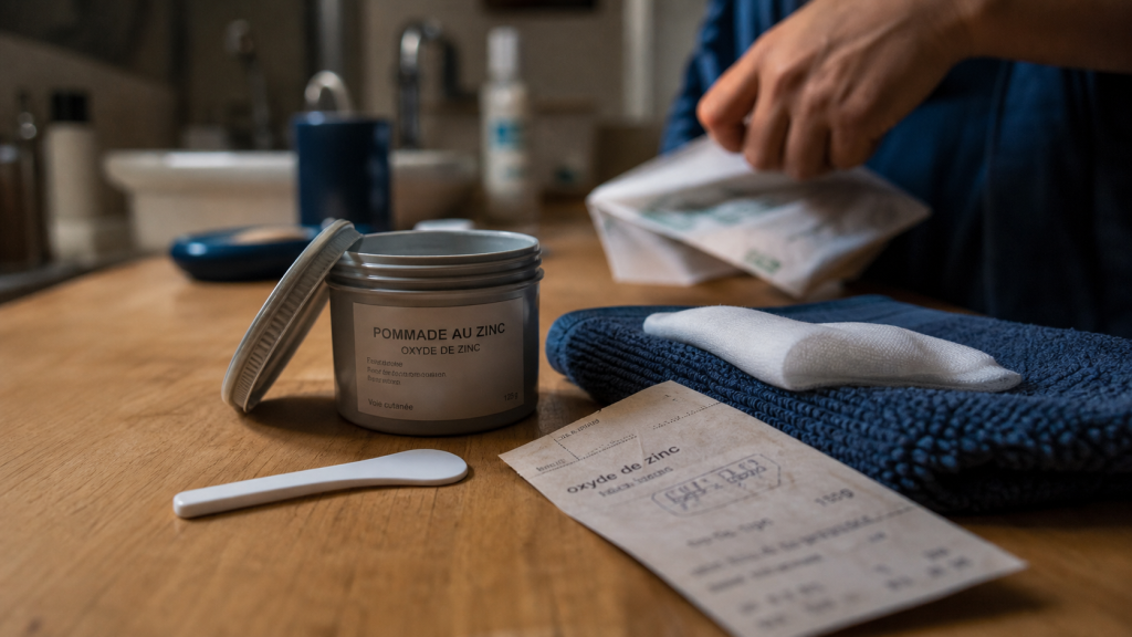 Sudocrem in france : pot de pommade au zinc et compresse en salle de bain