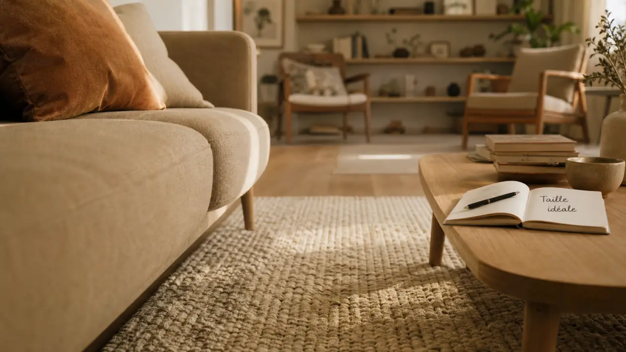 Tapis dans salon : taille idéale sous canapé beige