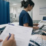 Accoucher par declenchement : sage-femme vérifie le monitoring fœtal en maternité