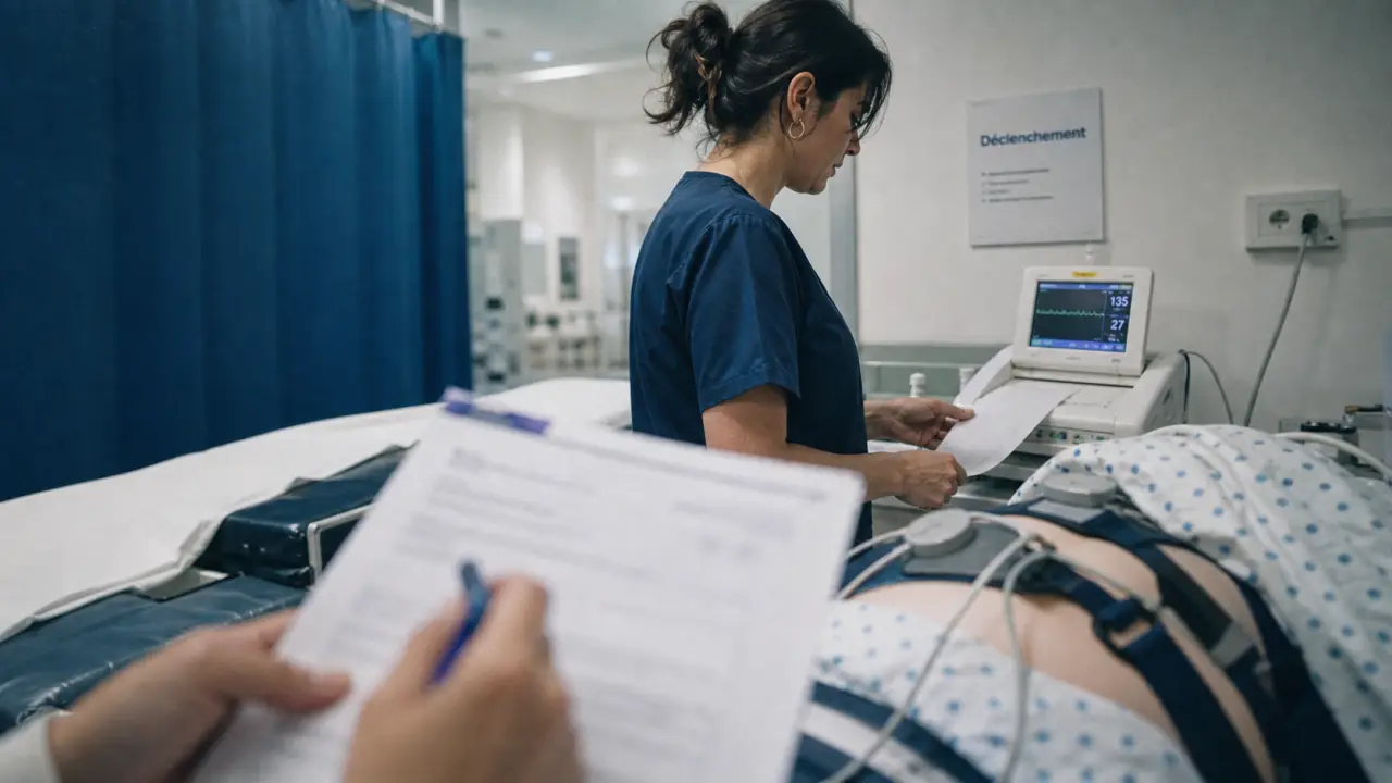 Accoucher par declenchement : sage-femme vérifie le monitoring fœtal en maternité