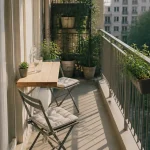 Amenager son balcon : table rabattable, chaises et jardinières verticales