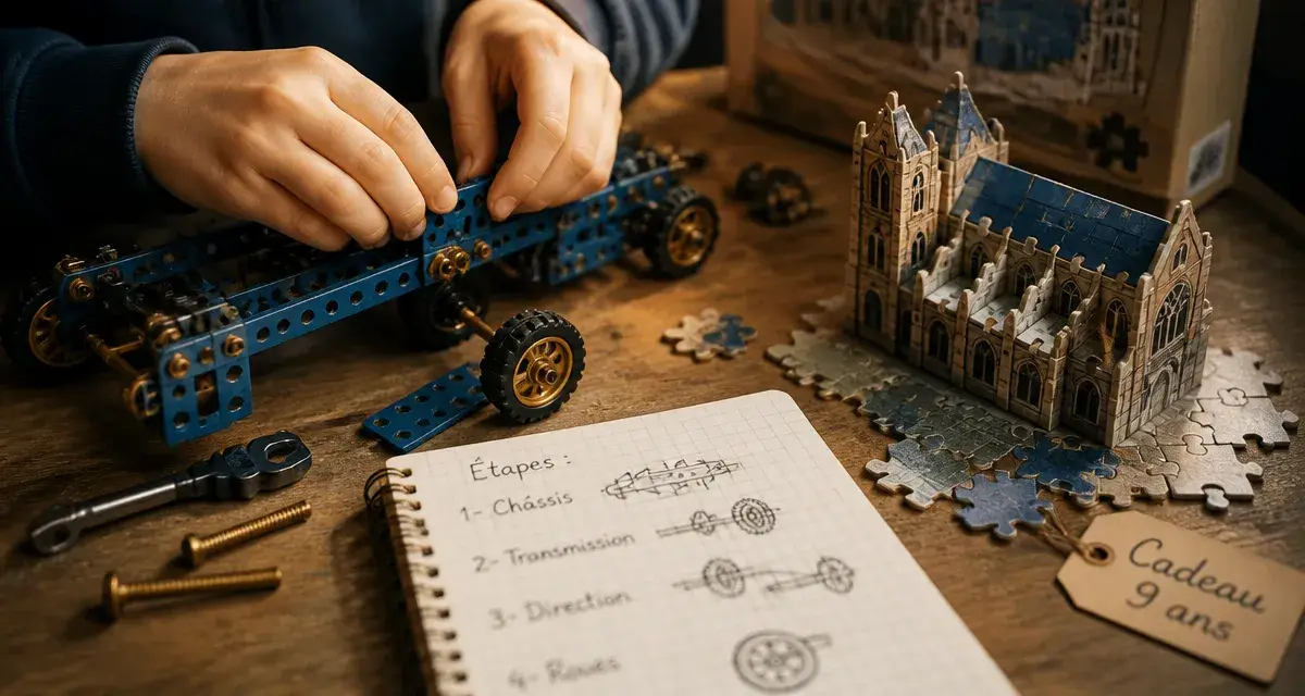Cadeau enfant 9 ans : enfant construit une maquette mécanique, expérience créative