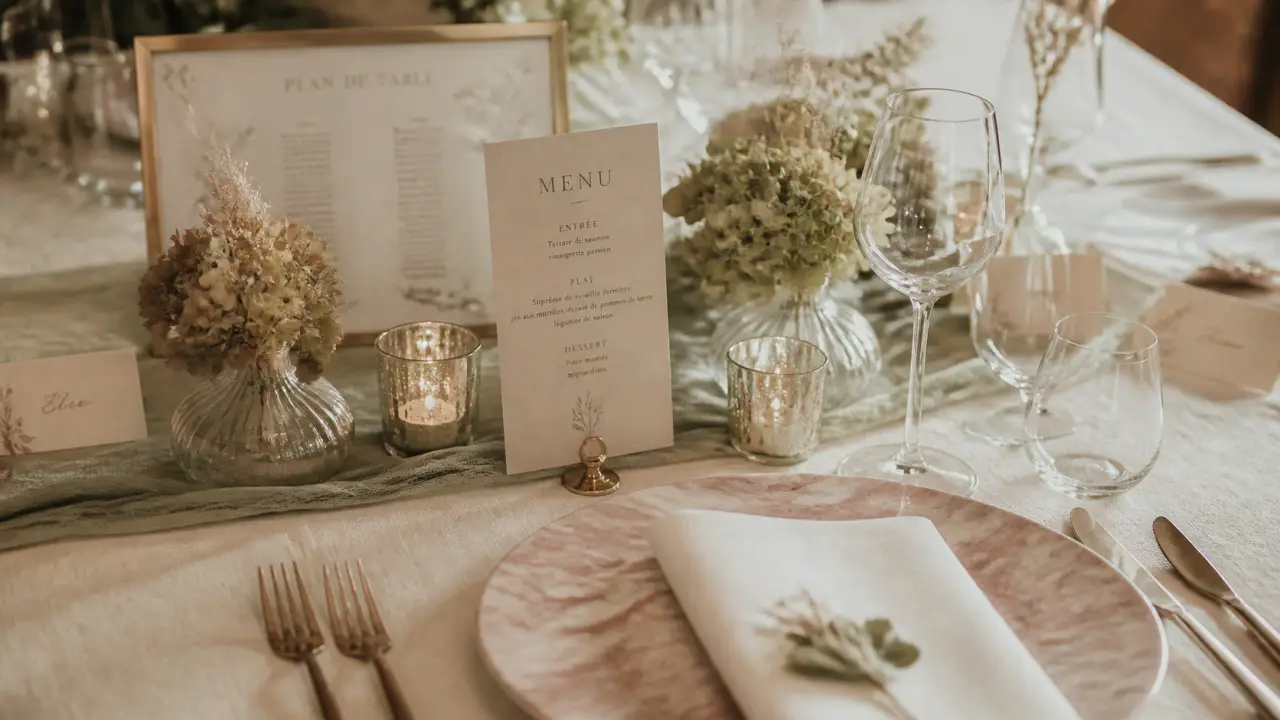 Decoration table mariage : centre de table avec photophores et menu beige