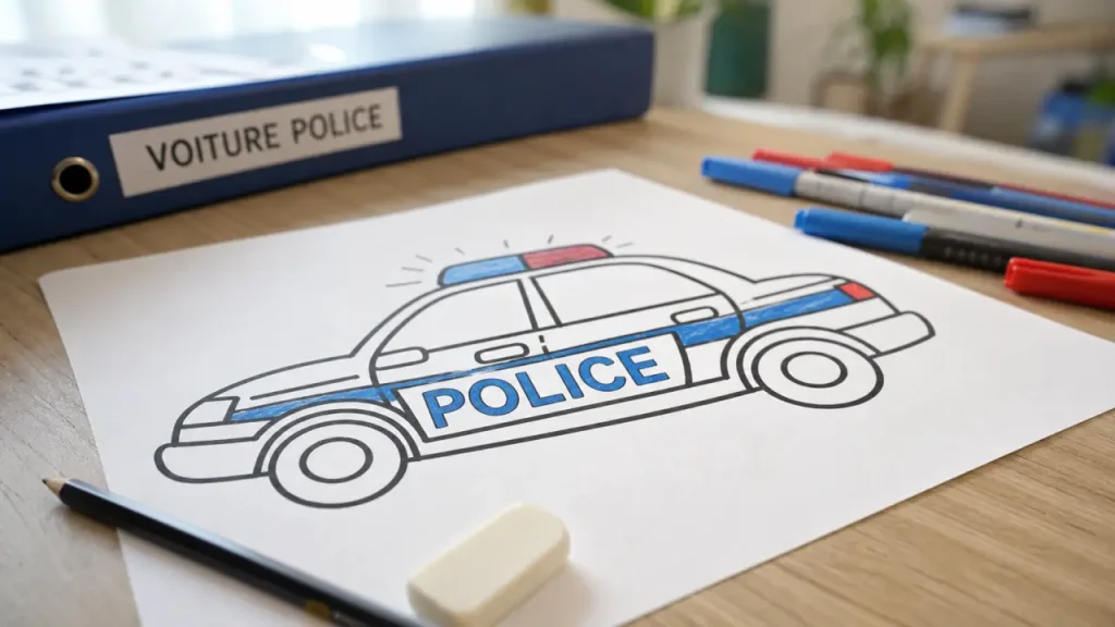 Dessiner une voiture de police facilement : modèles à imprimer, couleurs et pas à pas