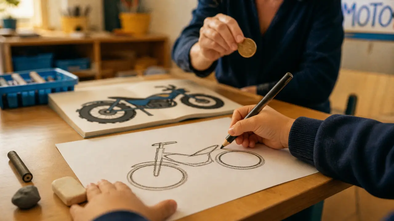 Dessiner une moto maternelle : enfant dessine une moto simple