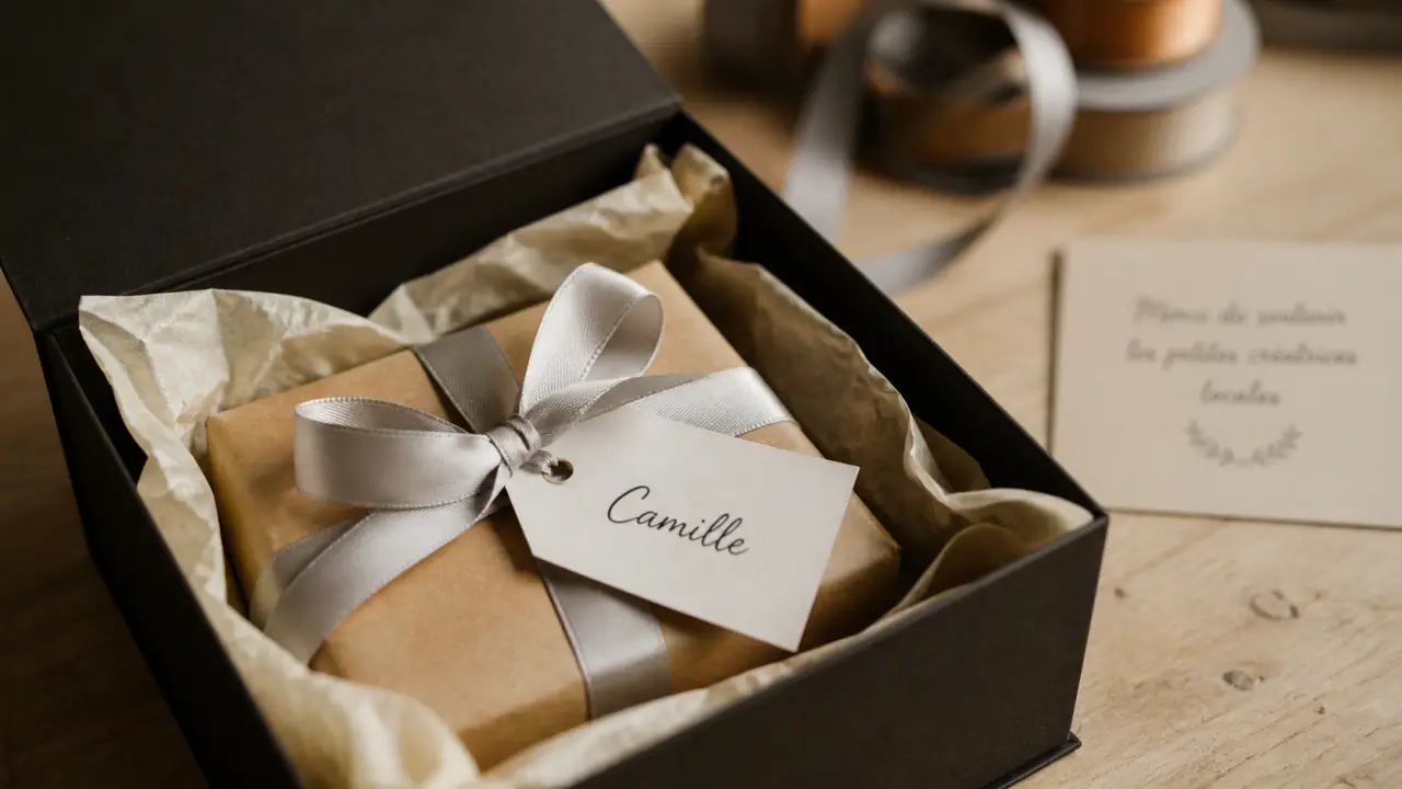 Emballage original pour cadeau : boîte noire, kraft et ruban satiné