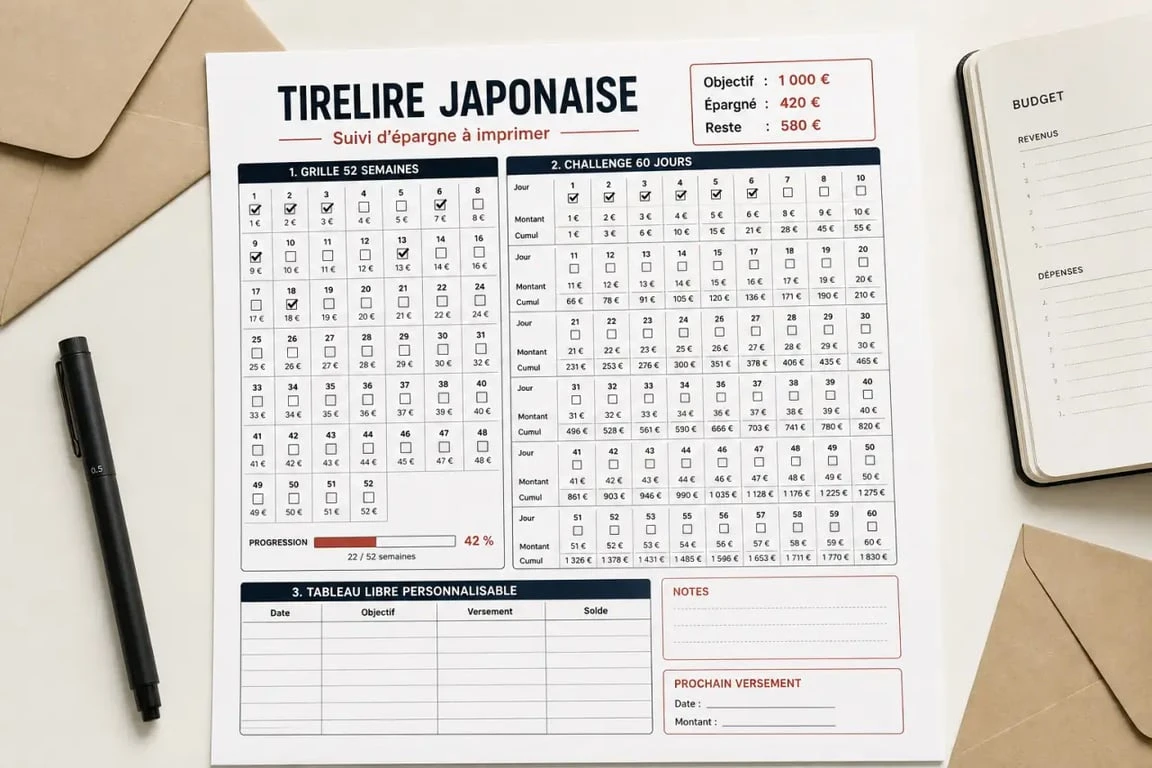 Feuille tirelire japonaise à imprimer avec tableaux de suivi d’épargne 52 semaines et 60 jours