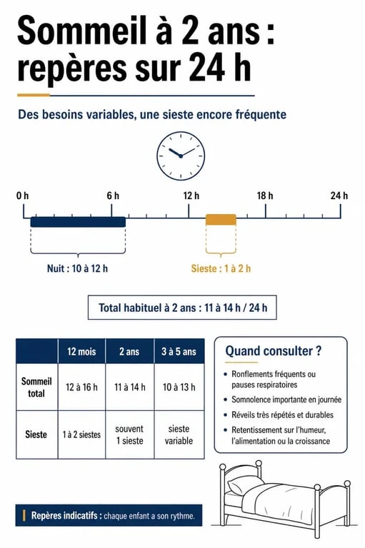 Sommeil enfant 2 ans : infographie des repères de sommeil, de la sieste et des signes d’alerte
