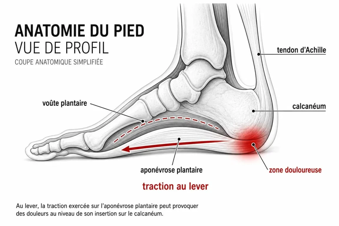 Aponévrosite plantaire traitement : schéma du pied montrant le calcanéum, la voûte plantaire et l’aponévrose plantaire