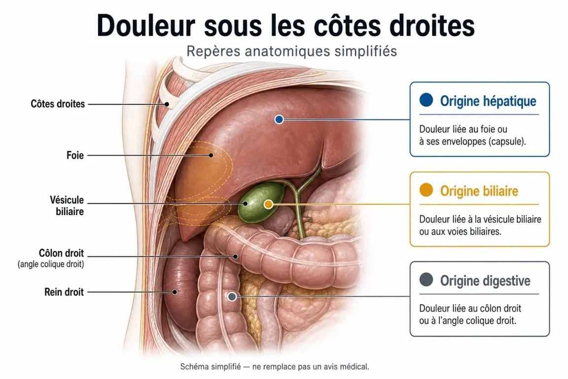 Schéma des douleurs cote droit foie montrant le foie, la vésicule biliaire et les zones de douleur sous les côtes droites