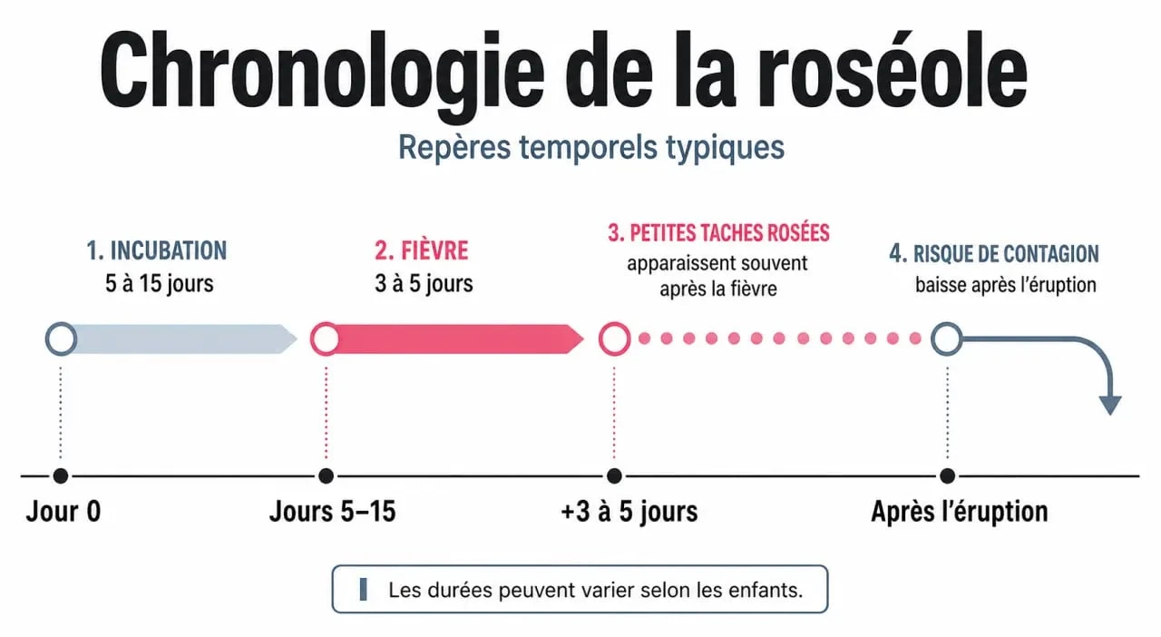 Contagion roséole : chronologie de l'incubation, de la fièvre et de l'éruption
