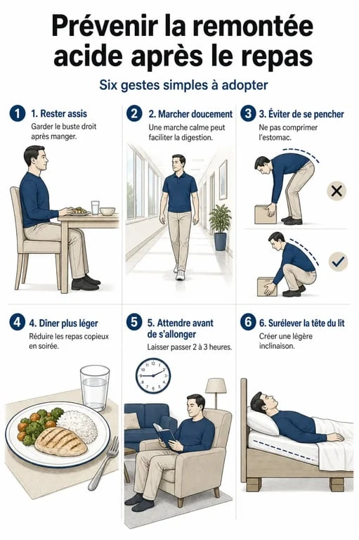 Remontée acide remède naturel : gestes de prévention après les repas, posture, dîner léger et position de sommeil