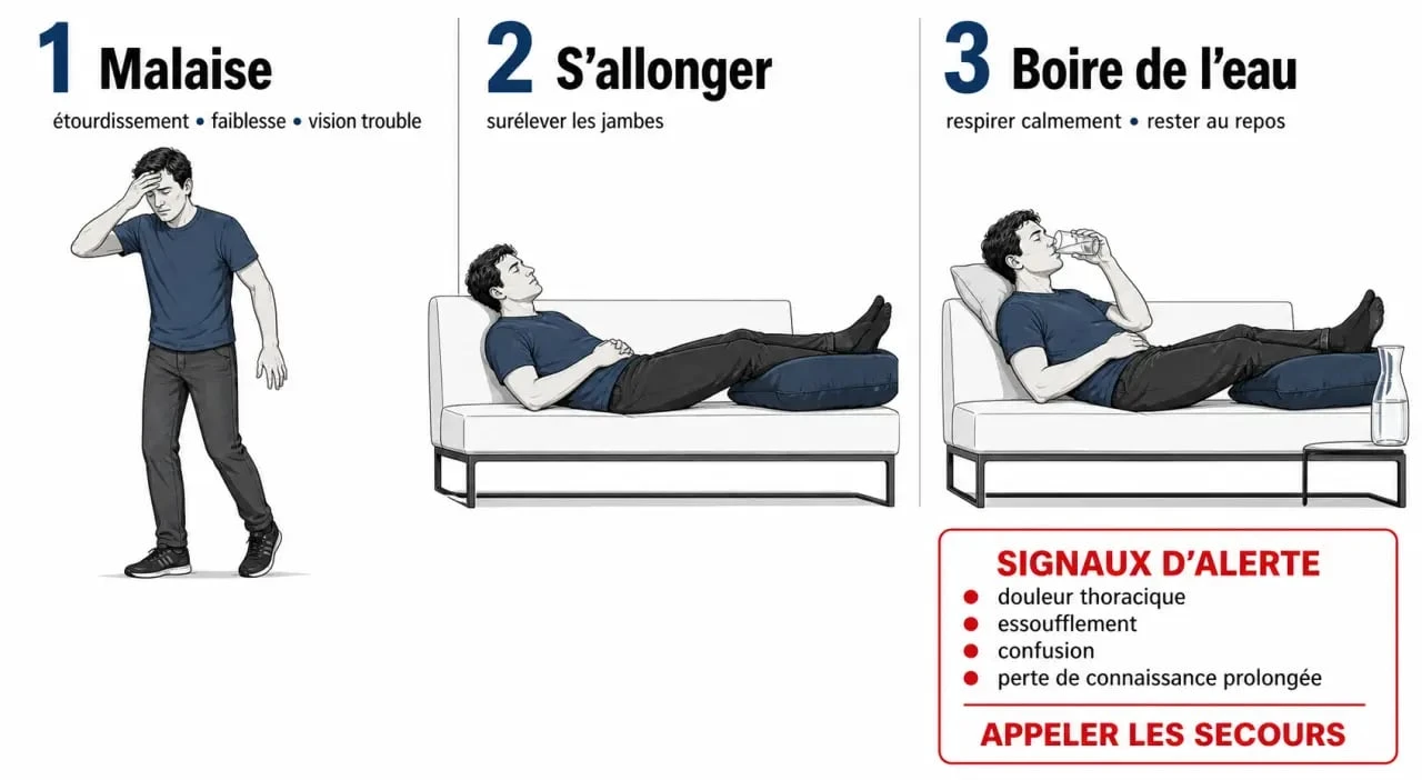 Comment faire remonter la tension : gestes immédiats en cas de malaise avec jambes surélevées et hydratation
