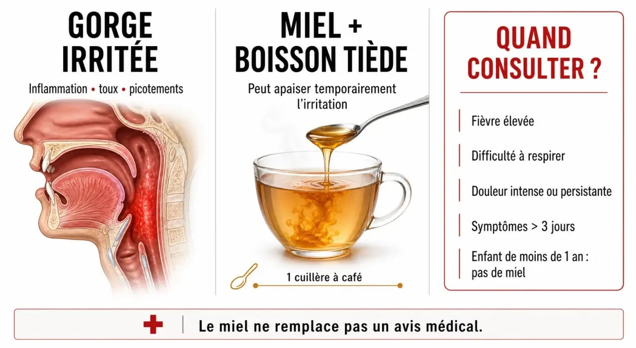 Miel et mal de gorge : infographie sur le soulagement, les modes d’usage et les précautions