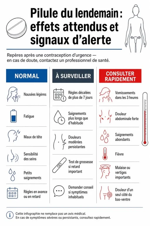 Effets secondaires pilule du lendemain : tableau visuel normal, à surveiller ou consulter rapidement