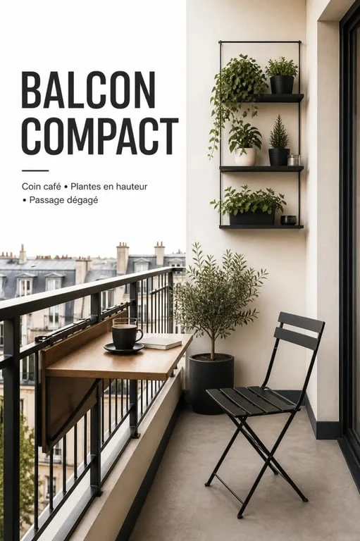 Aménager son balcon : petit balcon urbain avec coin café, plantes en hauteur et passage dégagé