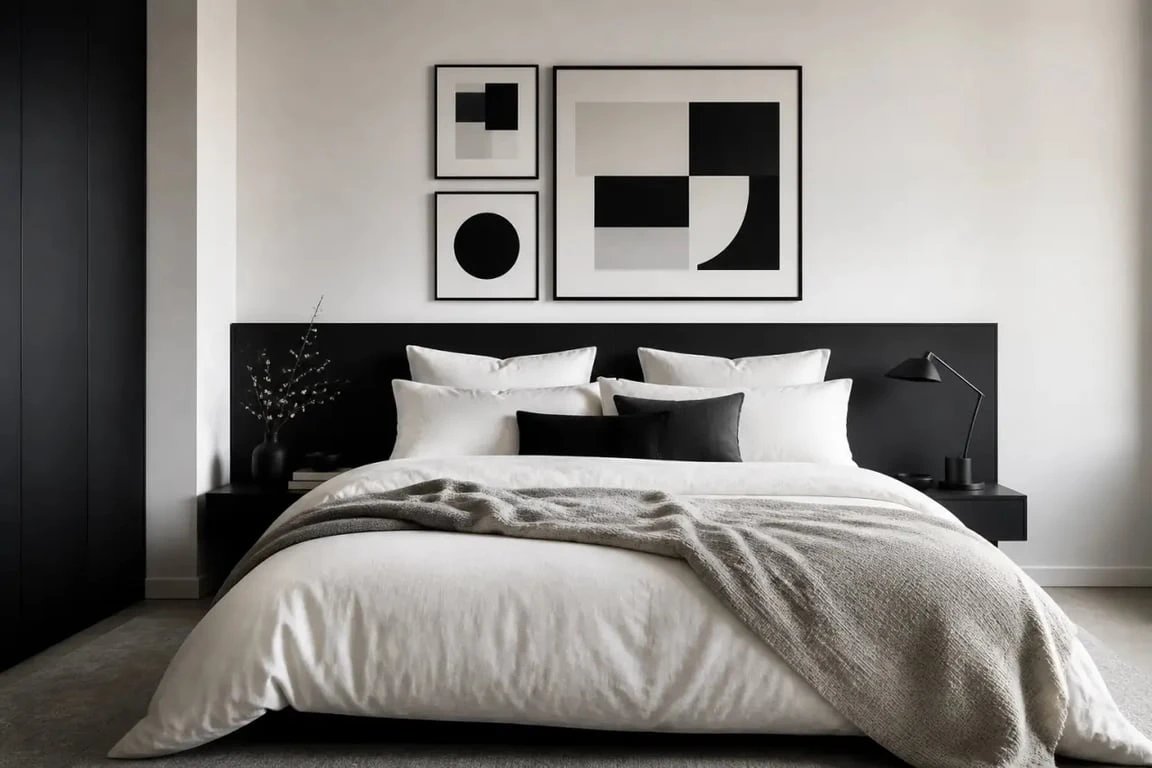 Chambre noir et blanc élégante avec lit habillé de textiles contrastés et cadres graphiques