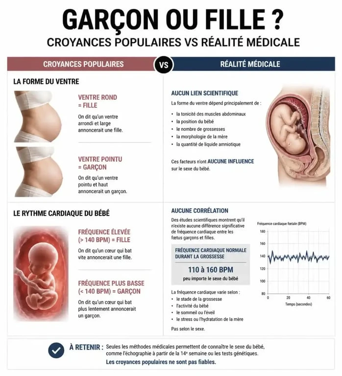Infographie sur les signes de grossesse fille : croyances populaires vs réalité médicale