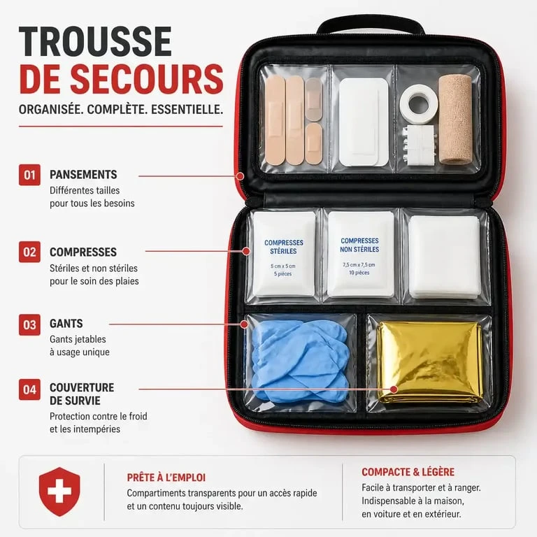 Organisation intérieure d'une trousse de secours complète