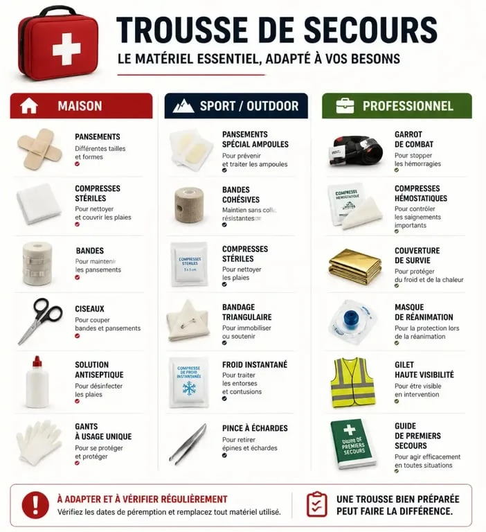 Infographie comparative du contenu d'une trousse de secours complète selon l'usage