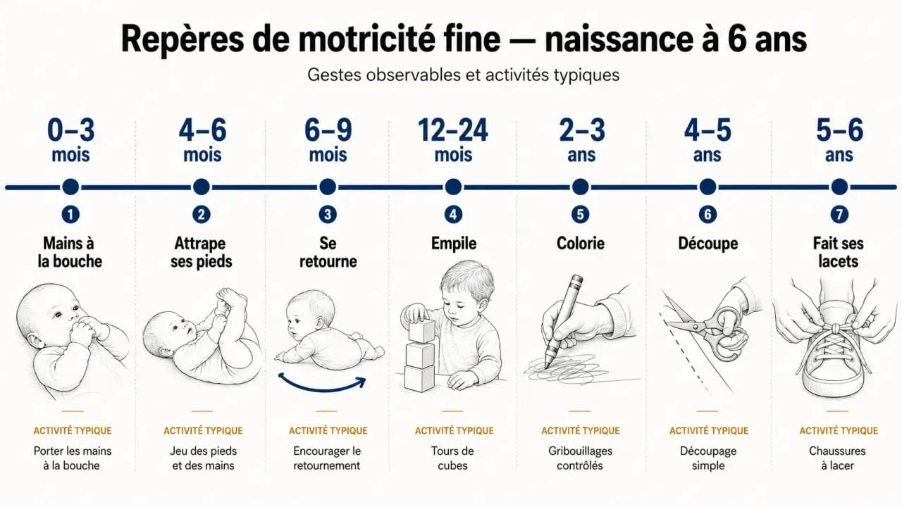 Motricite fine : frise des repères de développement par âge chez l’enfant