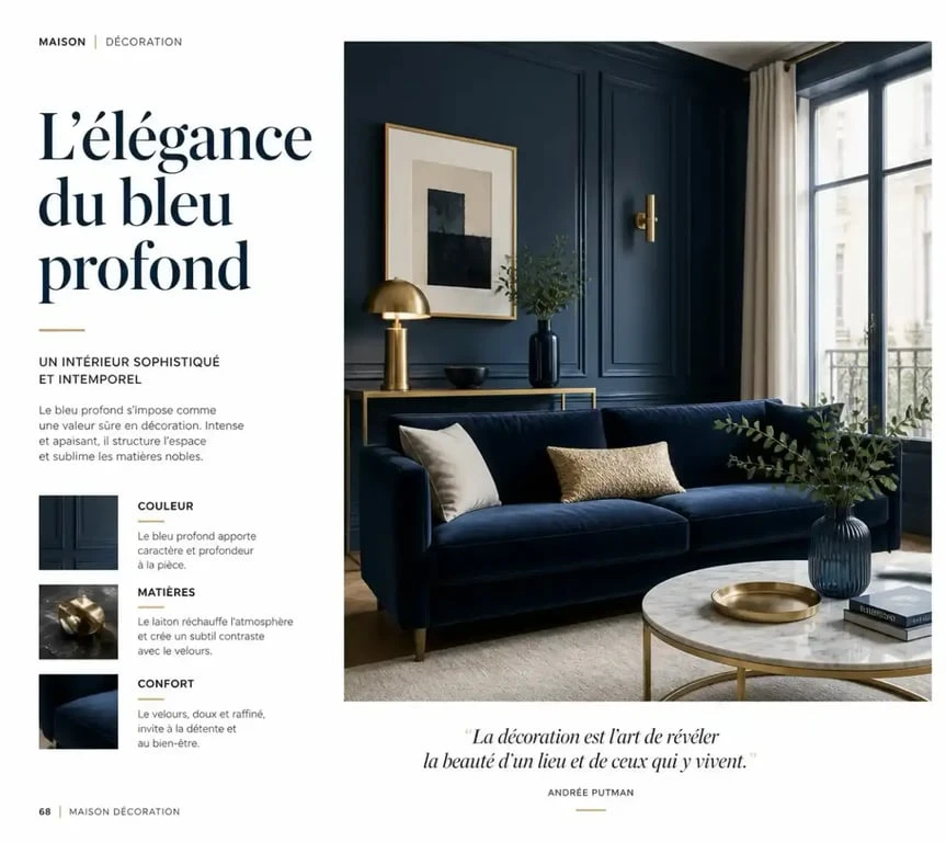 Salon élégant avec une décoration en bleu profond, couleur tendance pour salon
