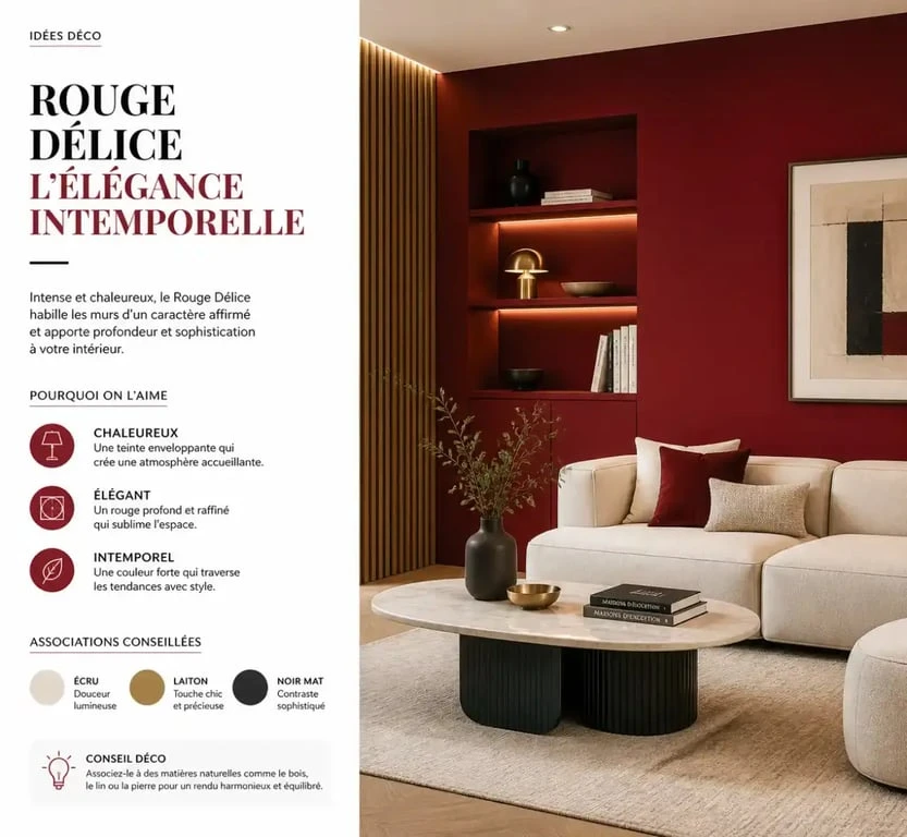 Salon avec mur d'accent en couleur tendance Rouge Délice pour une ambiance chaleureuse
