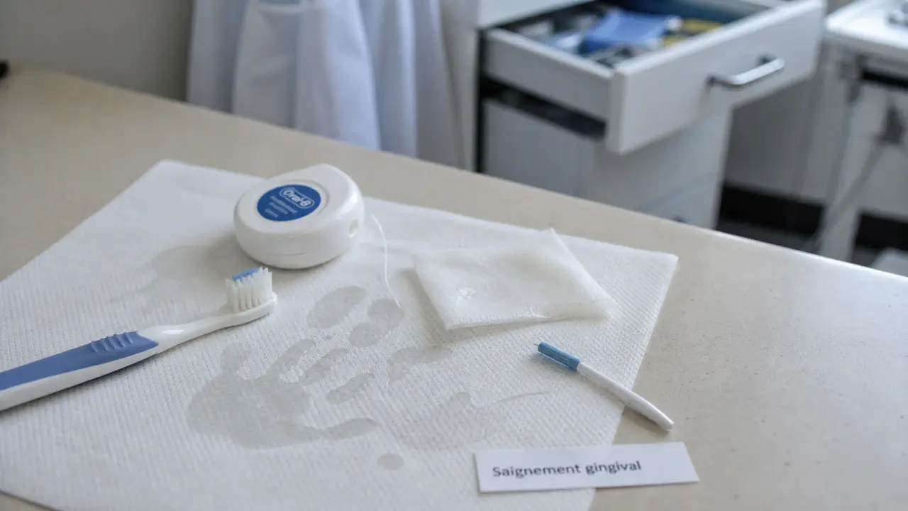 Gencives qui saignent : brosse, fil dentaire et compresses en cabinet